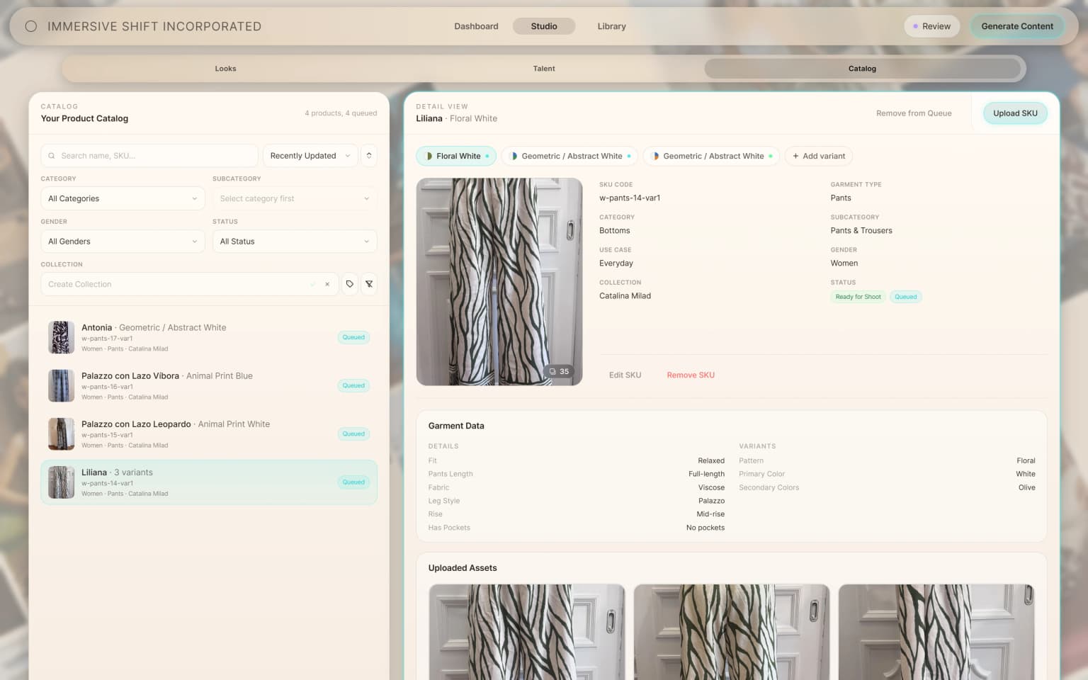 ANZURES catalog — brands upload and manage their garment SKUs once, then reuse them across every shoot without re-uploading