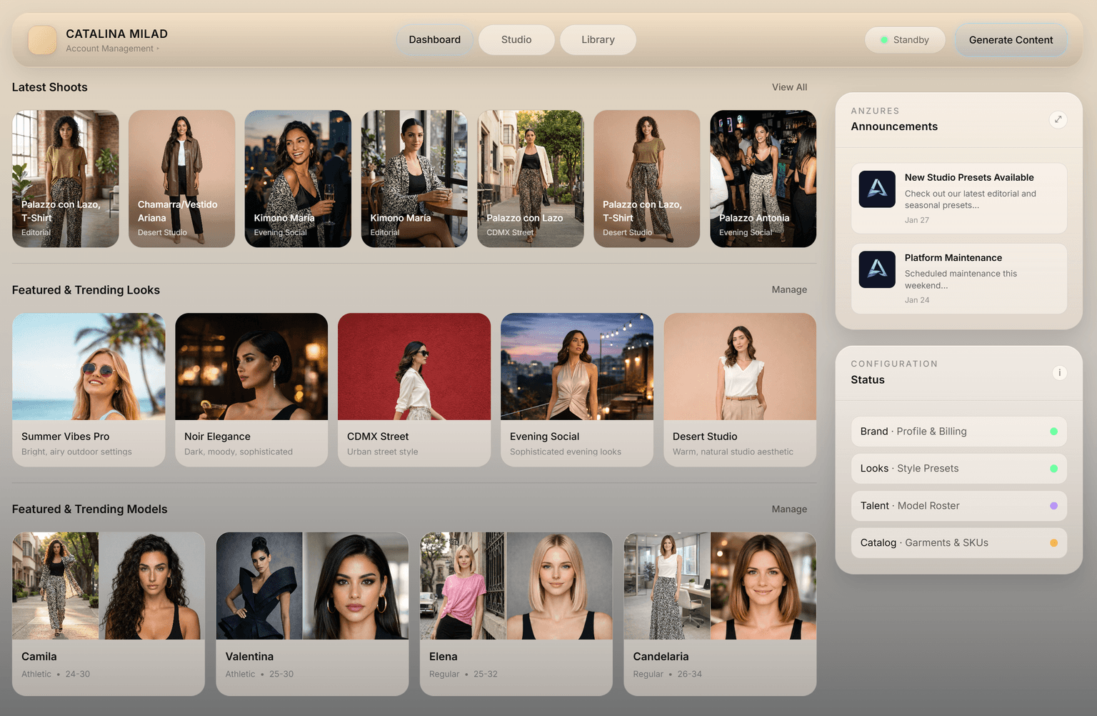 ANZURES dashboard — recent shoots, trending Looks and Models, and platform announcements
