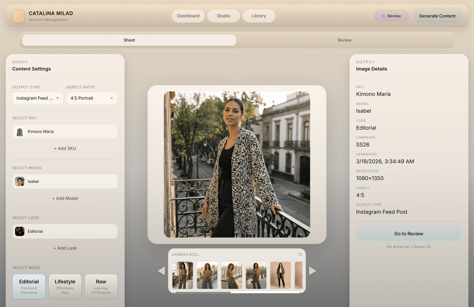 ANZURES generation studio — promptless workflow to select Look, Talent, SKU, shot mode, and output settings