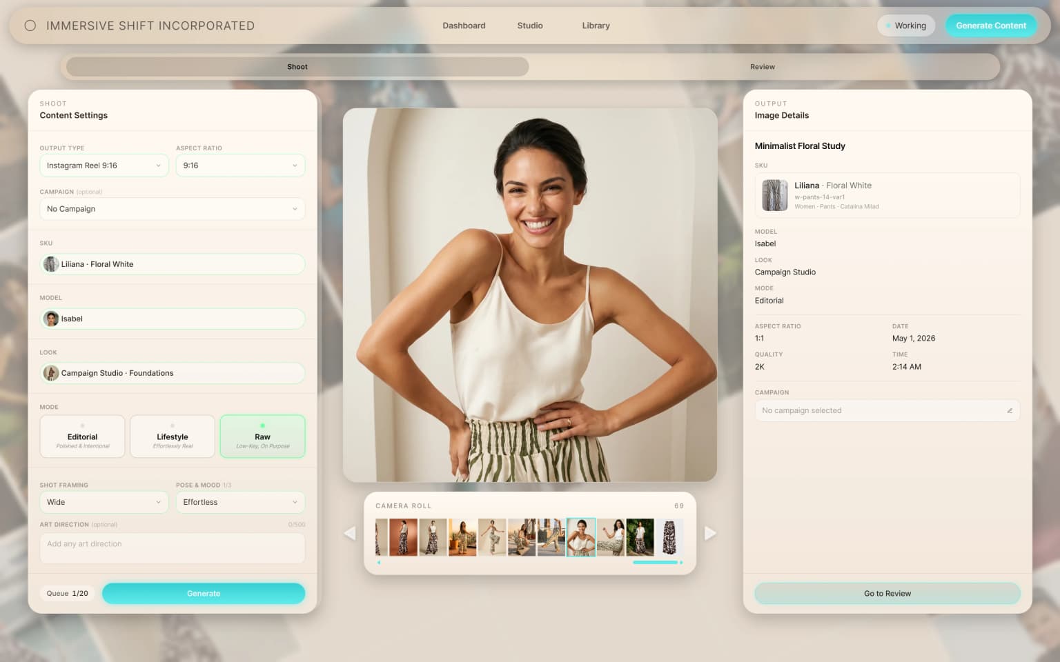 ANZURES generation studio — promptless workflow to select Look, Talent, SKU, shot mode, and output settings