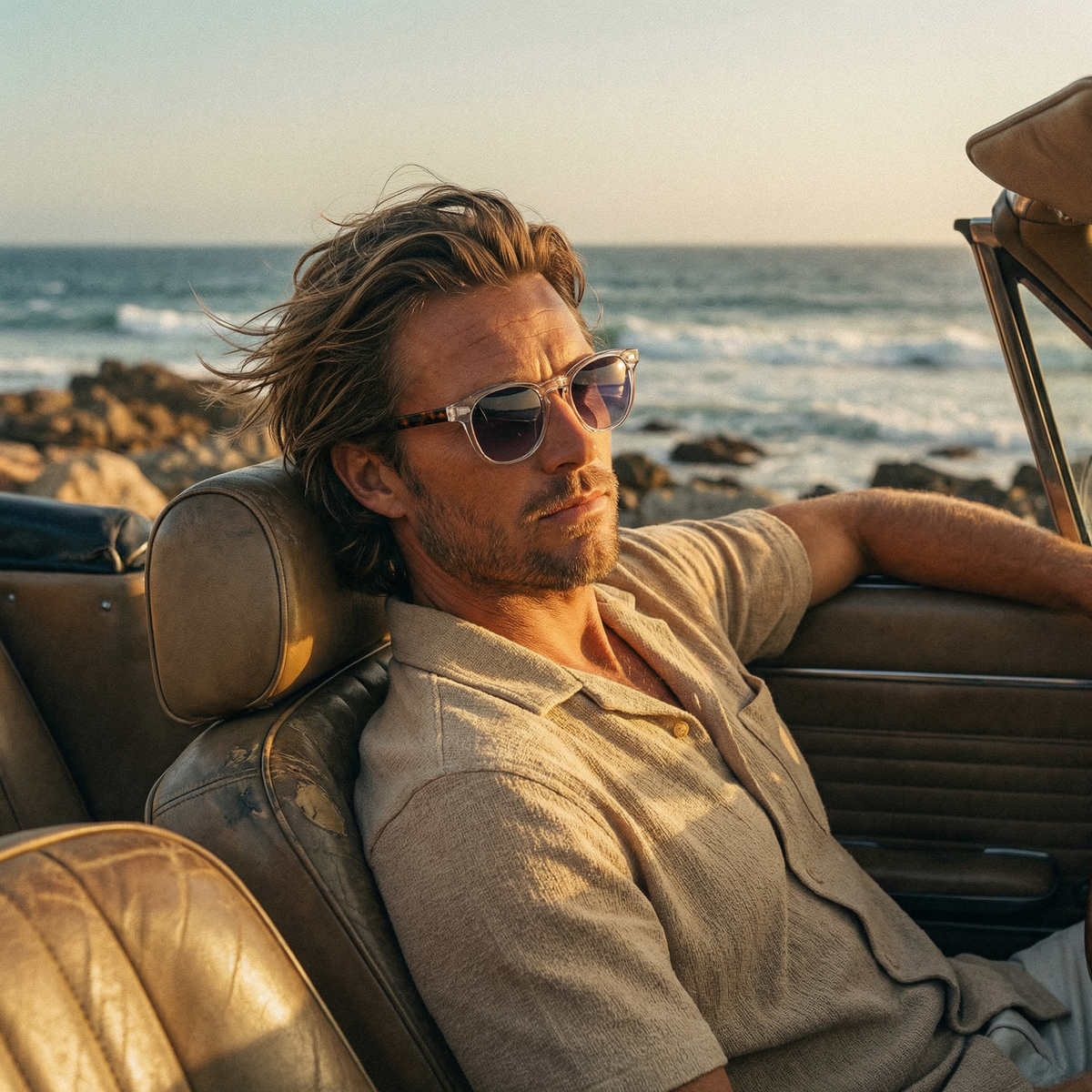 Photorealistic on-model photo created with ANZURES — golden hour rooftop