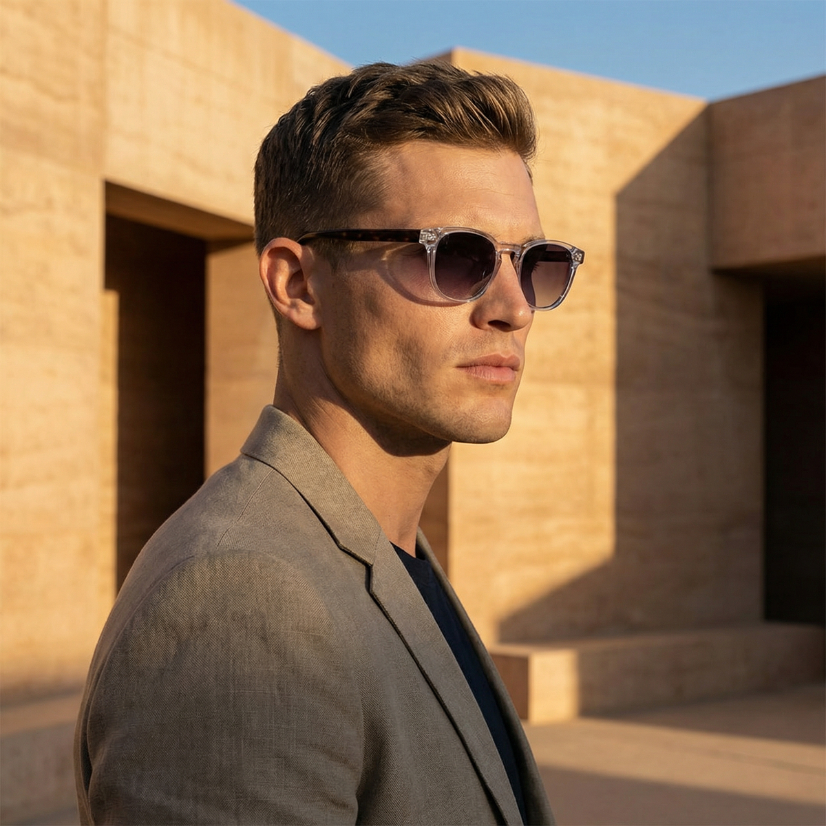 Photorealistic on-model photo created with ANZURES — golden hour rooftop