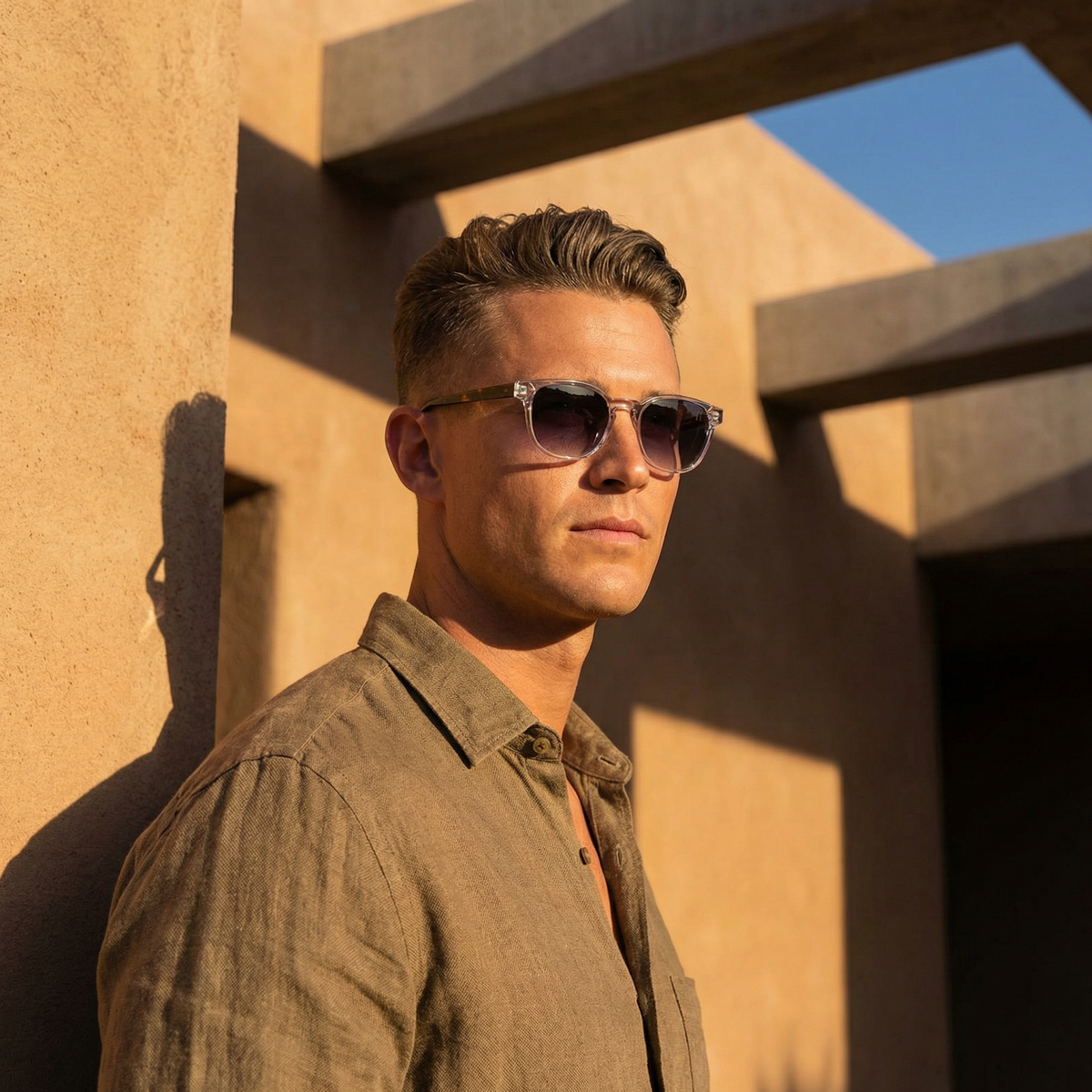 Photorealistic on-model photo created with ANZURES — editorial portrait lighting