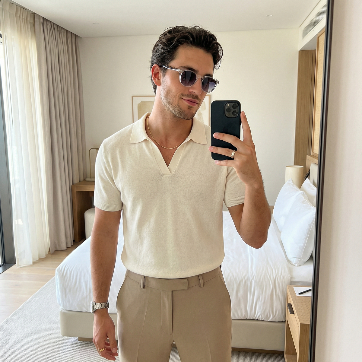 Photorealistic on-model photo created with ANZURES — studio editorial lighting