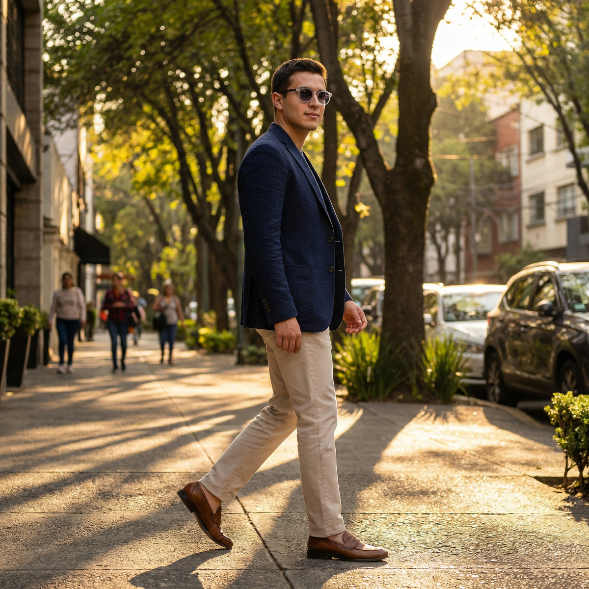 Photorealistic on-model photo created with ANZURES — daytime street style