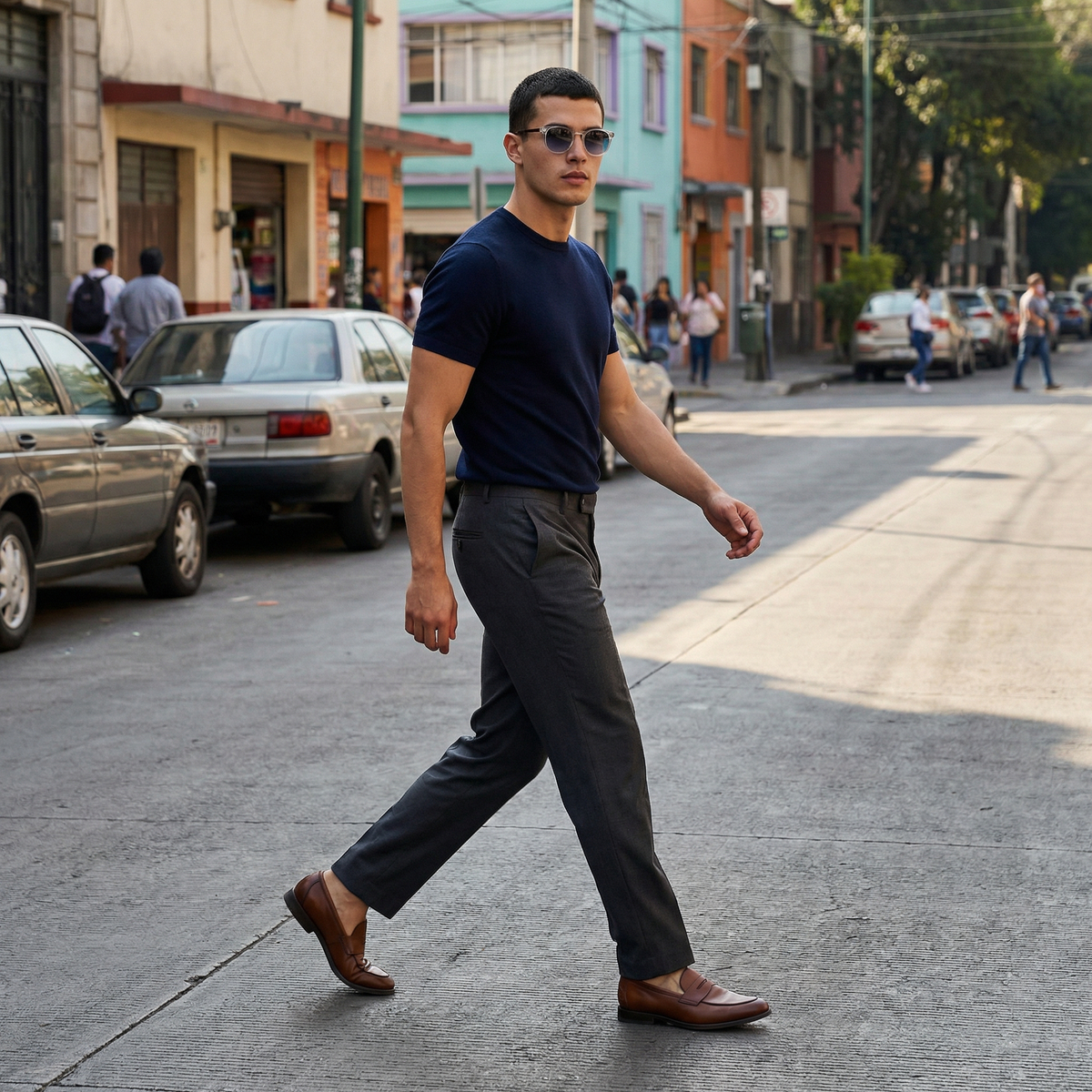 Photorealistic on-model photo created with ANZURES — casual daytime setting