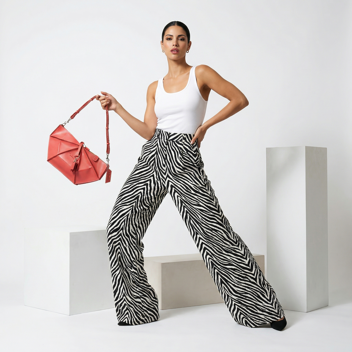 Photorealistic on-model photo created with ANZURES — urban evening backdrop