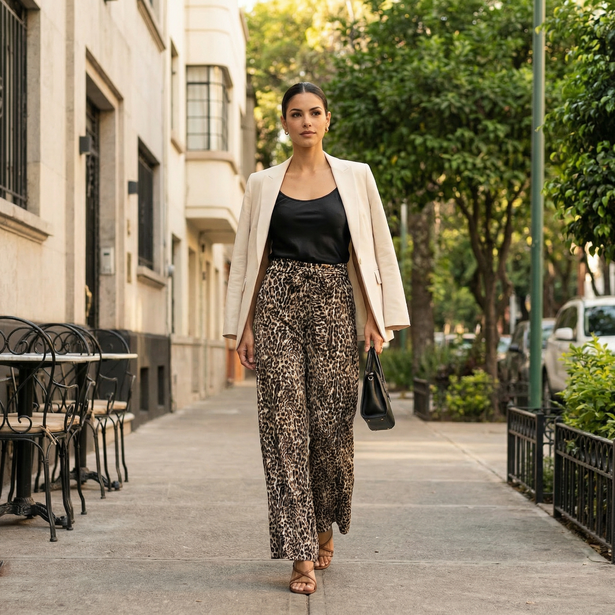 Photorealistic on-model photo created with ANZURES — golden hour rooftop