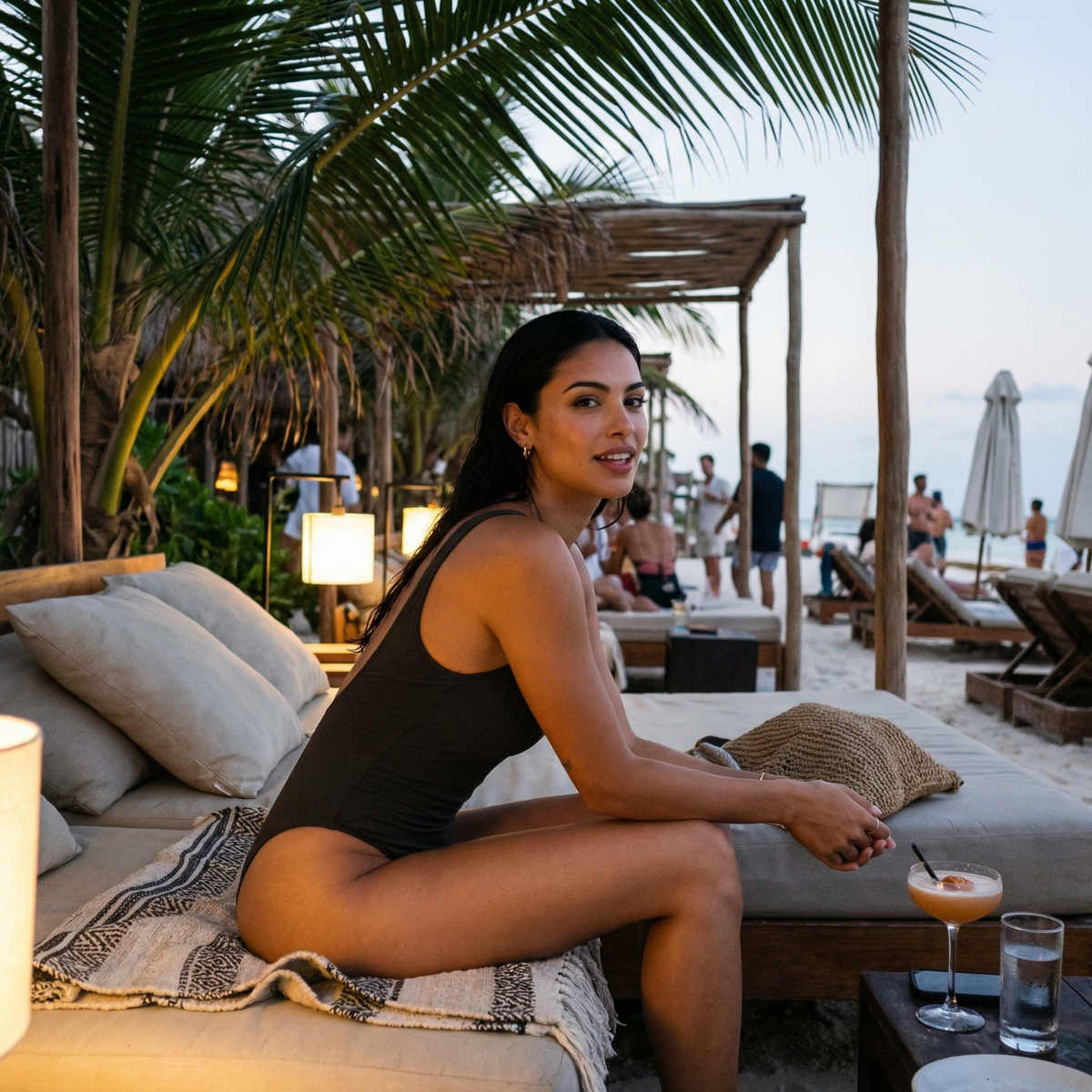 Photorealistic on-model photo created with ANZURES — evening cocktail setting