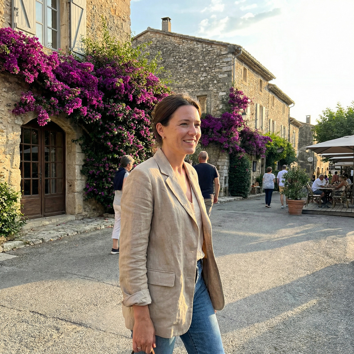 Photorealistic on-model photo created with ANZURES — urban evening backdrop