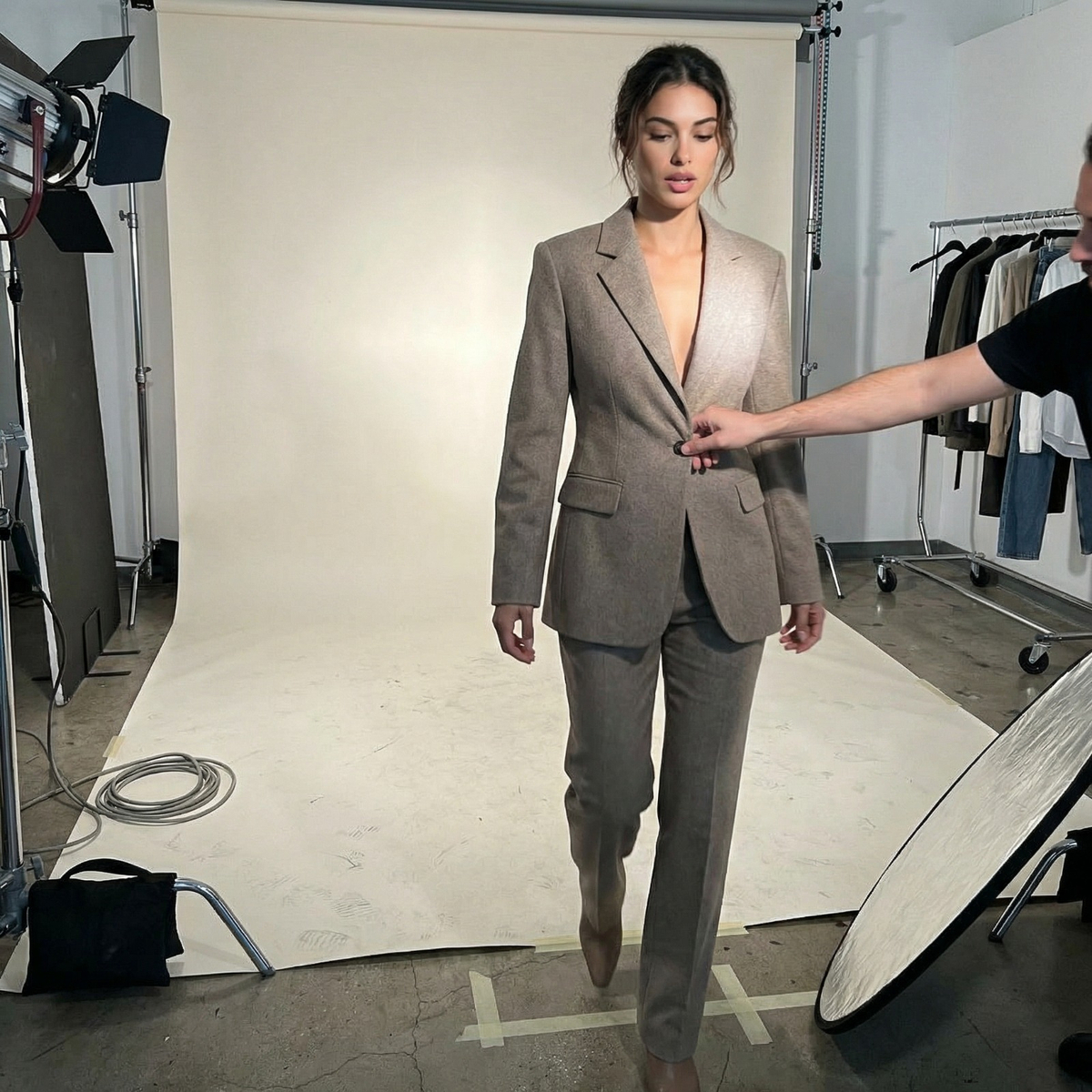 Photorealistic on-model photo created with ANZURES — indoor candid moment