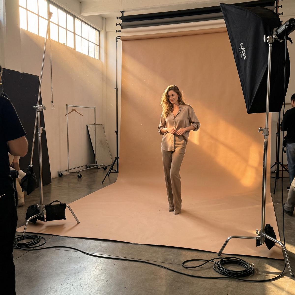 Photorealistic on-model photo created with ANZURES — editorial portrait lighting