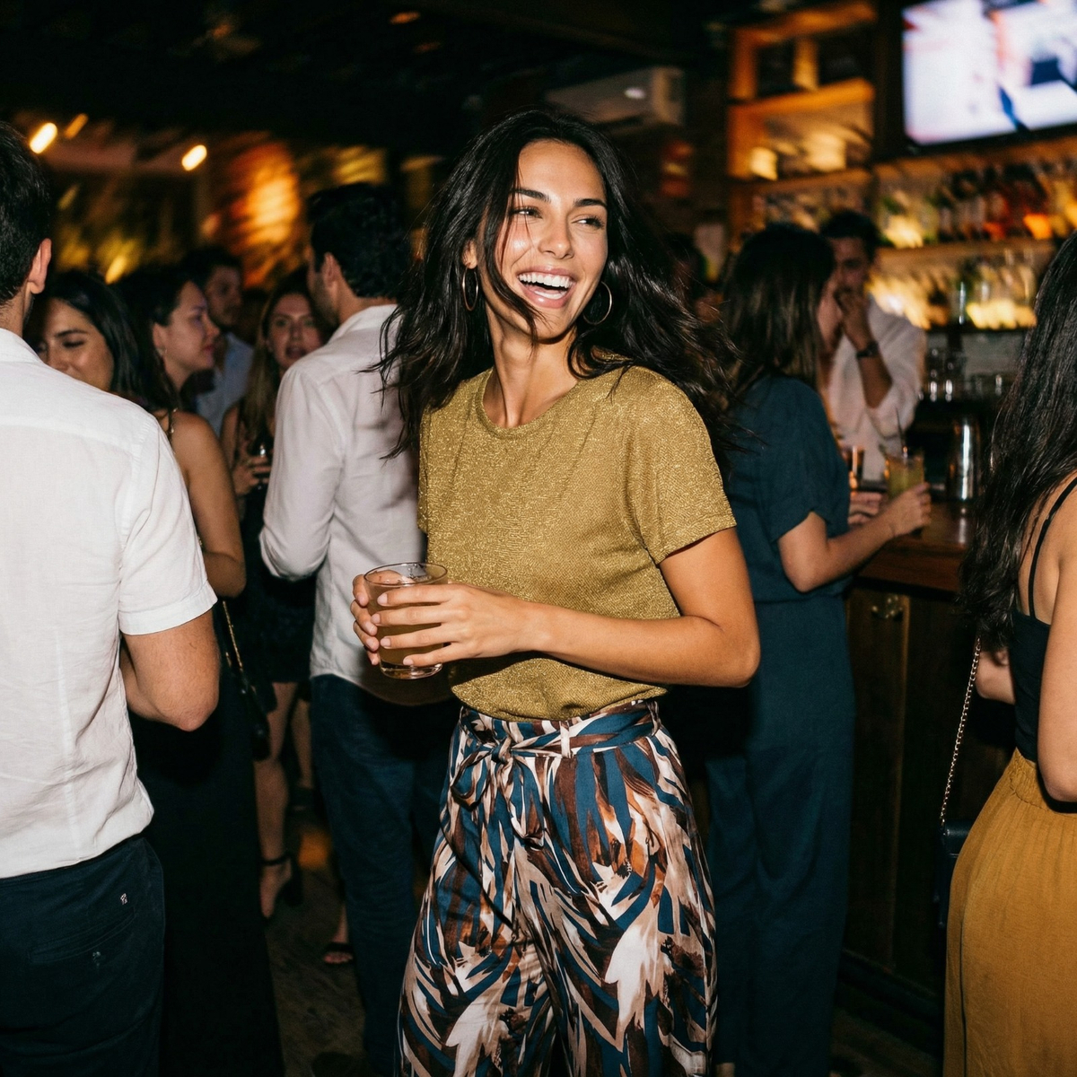 Photorealistic on-model photo created with ANZURES — indoor candid moment