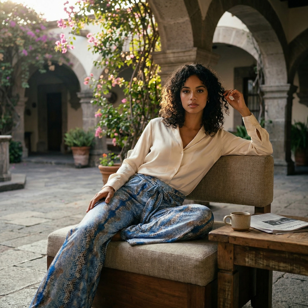 Photorealistic on-model photo created with ANZURES — golden hour rooftop